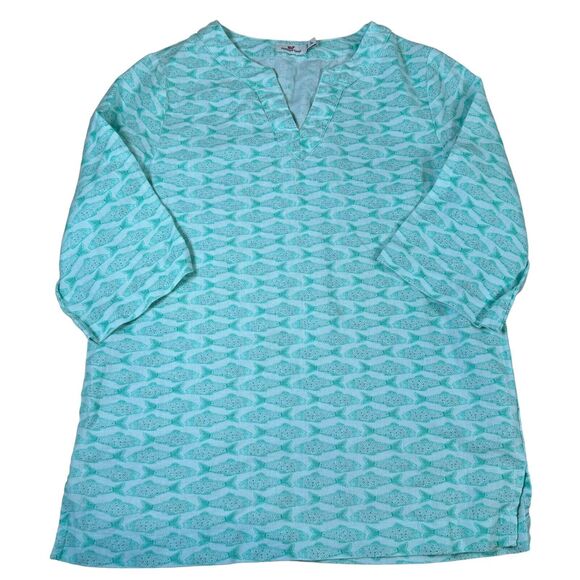 Vineyard Vines 100% Linen Girl's L Top Aqua Blue Fish Pattern 3/4 Sleeve - Picture 3 of 11